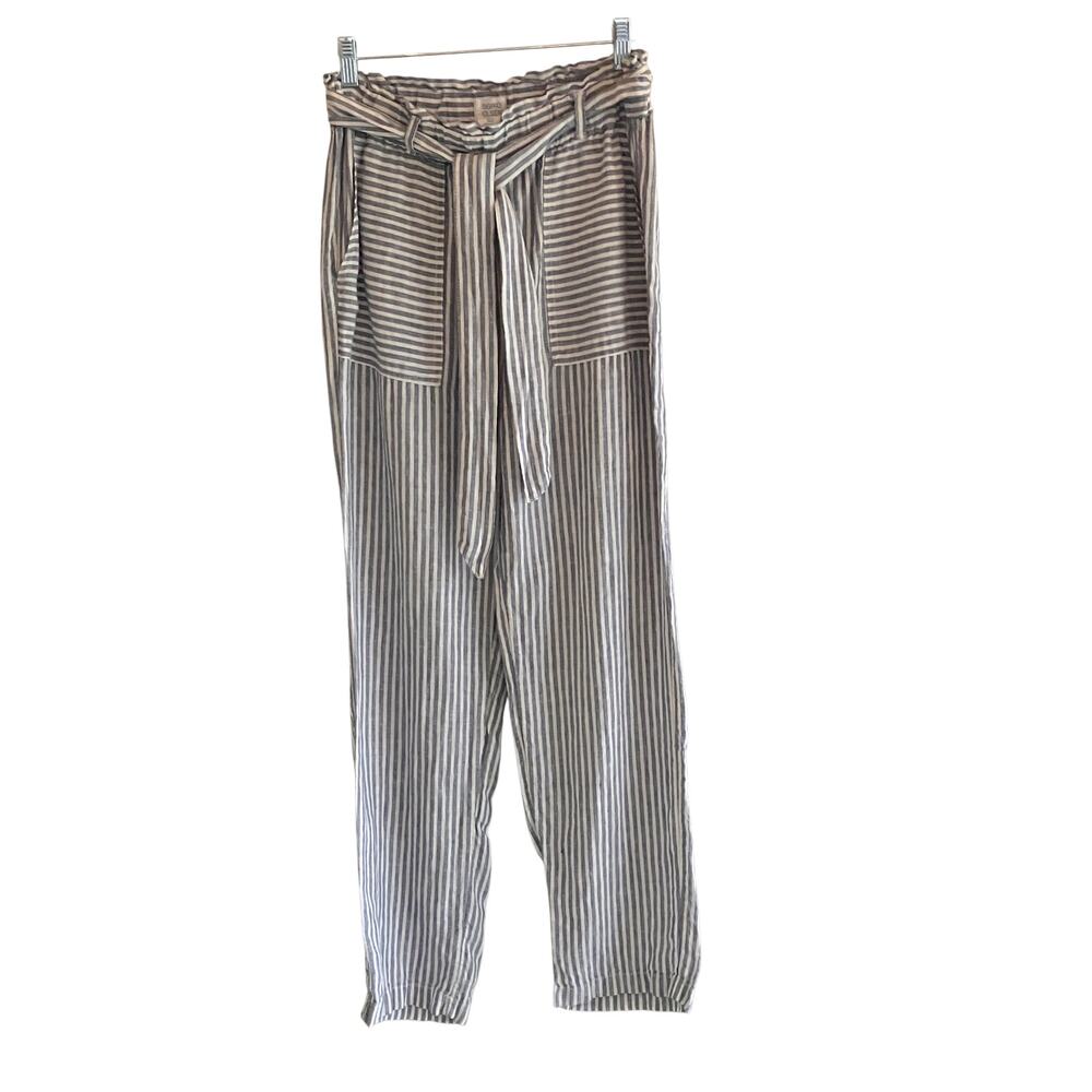Sigrid Olsen Linen Pants Blue Striped Tie Belt Pockets Beachy Coastal Preppy S